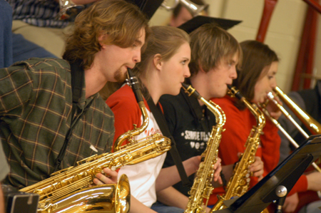 The Jazz Band livened things up at the Homecoming basketball game. - Photo by Lindsay Stavish
