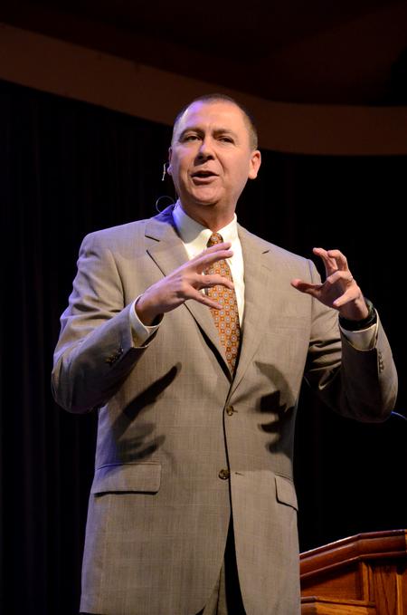 David Landrith, pastor of Long Hollow Baptist Church in Hendersonville, challenges students to be committed to their faith regardless of the cost.  - Photo by Anne Richoux