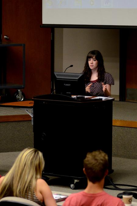 Sophomore Jenaye White answers questions about a proposed resolution during Student Senate.  - Photo by Anne Richoux