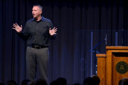 Vance Pitman, senior pastor of Hope Church in Las Vegas, Nevada, addresses the student body during chapel. - Photo by Ebbie Davis