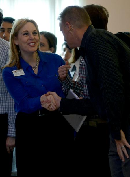 Kimberly Thornbury, vice president for student services, greets Vance Pitman, senior pastor of Hope Church in Las Vegas, Nevada, prior to him speaking in chapel.   - Photo by Ebbie Davis