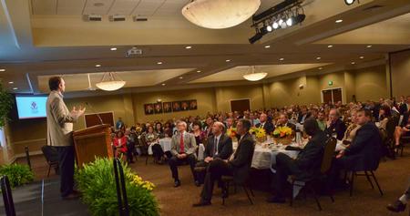 About 300 guests attentively listen to Ross Douthat, New York Times columnist and author, speak at Union Forum.
 - Photo by Morris Abernathy
