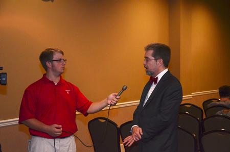 Jacob Melder, senior broadcast journalism major, interviews Dr. Matthew Franck, director of the William E. and Carol G. Simon Center on religion and the constitution of the Witherspoon Institute, before he speaks in the Carl Grant Event Center during Constitution Day. - Photo by Zac Calvert