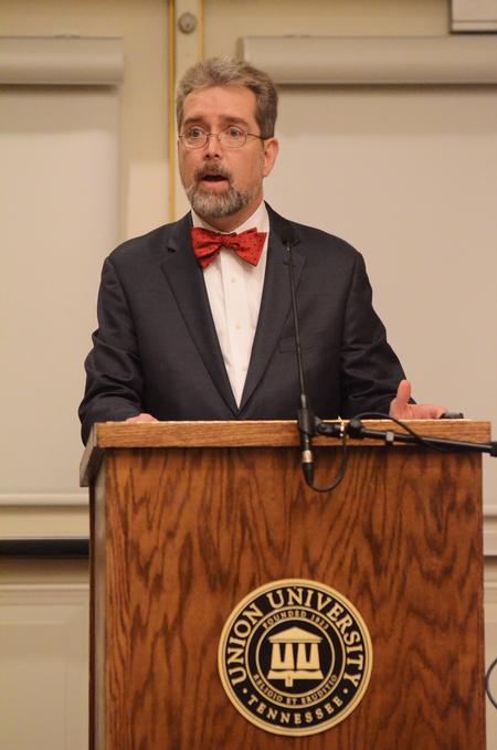 Dr. Matthew Franck, director of the William E. and Carol G. Simon Center on religion and the constitution of the Witherspoon Institute, speaks in the Carl Grant Event Center during Constitution Day. - Photo by Zac Calvert