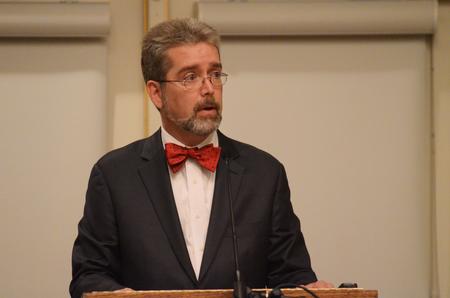 Dr. Matthew Franck, director of the William E. and Carol G. Simon Center on religion and the constitution of the Witherspoon Institute, speaks in the Carl Grant Event Center during Constitution Day. - Photo by Zac Calvert