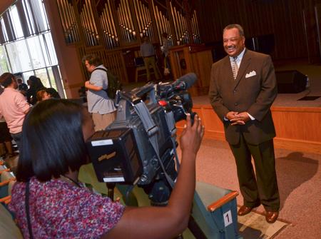 Fred Luter, president of the Southern Baptist Convention and senior pastor of Franklin Avenue Baptist Church in New Orleans, takes time for an interview with WBBJ TV after his message in chapel. - Photo by Morris Abernathy