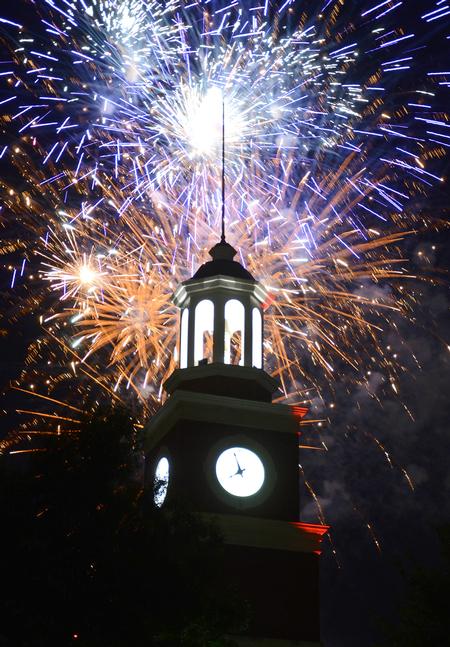 Fireworks fill the sky over Miller Tower at Union Night during Family Weekend. - Photo by Jacob Moore