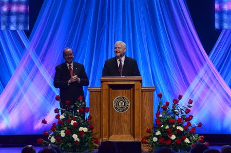 Robert M. Gates, former secretary of defense, addresses the audience's questions after speaking at the 15th Annual Scholarship Banquet held at the Carl Perkins Civic Center.  - Photo by Ebbie Davis