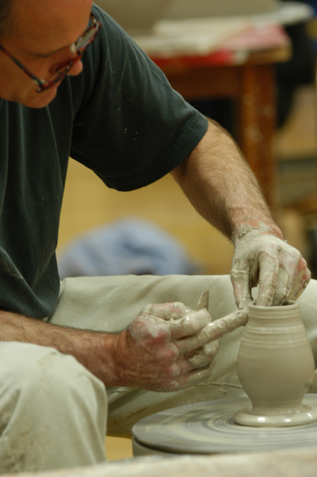 Internationally known artist from Penn State University, Chris Staley, leads in a ceramics workshop. - Photo by Jonathan Blair