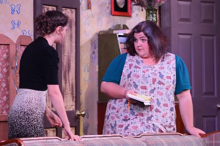 Bryanna England, freshman broadcast journalism major, and Catie Vance, sophomore theatre/speech major, perform in <em>A Barrel Full Of Pennies</em>. - Photo by Zac Calvert
