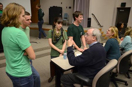David S. Dockery, president of the university, talks with students before speaking at Student Senate. Dockery comes to Student Senate once a semester to answer questions for students.  - Photo by Jacob Moore