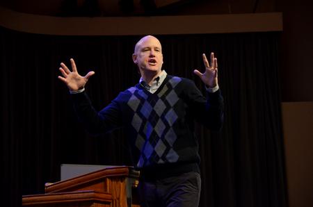 Jimmy Scroggins, senior pastor of Firs Baptist Church West Palm Beach in West Palm Beach, Fla., speaks in chapel during Faith in Practice week.  - Photo by Anne Richoux