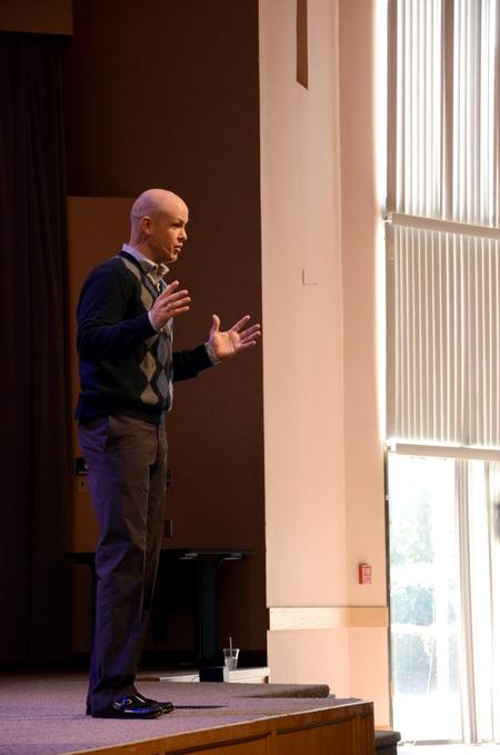 Jimmy Scroggins, senior pastor of Firs Baptist Church West Palm Beach in West Palm Beach, Fla., speaks to students during the first chapel of Faith in Practice week.  - Photo by Anne Richoux