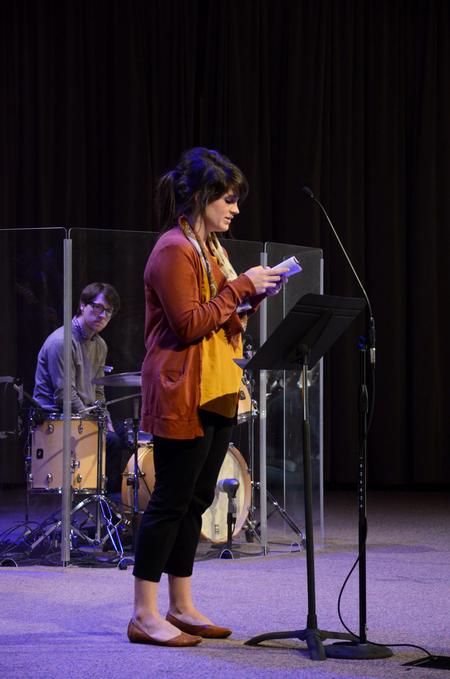 Keely Hart, director of discipleship, reads scripture as part of the final chapel during Faith in Practice week.  - Photo by Anne Richoux