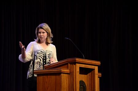 Cherie Harder, president of the Trinity Forum, speaks in chapel. - Photo by Anne Richoux