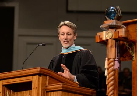 Claude Pressnell, president of the Tennessee Independent Colleges and Universities Association, gives an address titled, "But the Greatest of These is Love," during Fall Commencement. - Photo by Jacob Moore