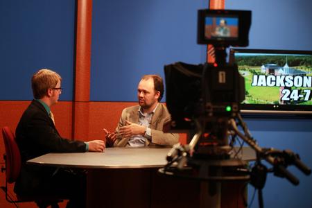 Ross Douthat, columnist for the New York Times, is interviewed for Jackson 24/7, Union's local broadcast.  - Photo by Kristi McMurry Woody