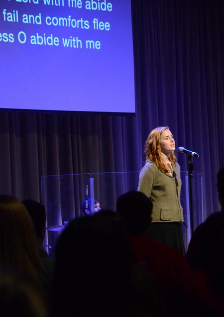 Kelsie Leaf, freshman public relations major, helps lead music during a special chapel service in remembrance of God's provision in the 2008 tornado. - Photo by Olivia Wallace