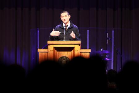 Danny Song, alum, recounts his experience in the 2008 tornado during the Fifth Year Remembrance chapel. - Photo by Kristi McMurry Woody
