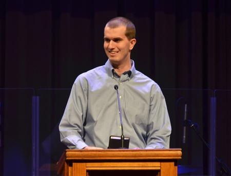 Kevin Furniss, alum, recounts his experience in the 2008 tornado during the Fifth Year Remembrance chapel. - Photo by Morris Abernathy