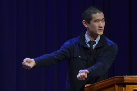 Danny Song, alum, recounts his experience in the 2008 tornado during the Fifth Year Remembrance chapel. - Photo by Morris Abernathy