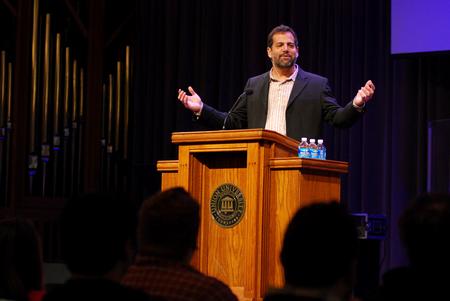 Craig Stewart, director of the Warehouse in Capetown, South Africa, talks about real peace during chapel.  - Photo by Anne Richoux