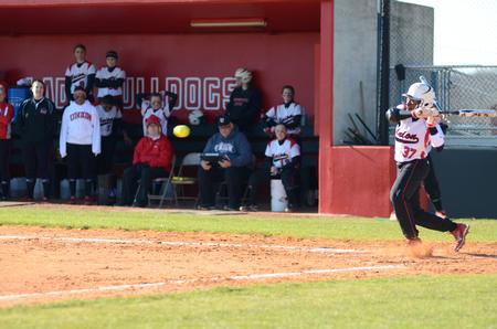 DeShuni Sanders prepares to hit the ball during a Union softball game against Bethel University. - Photo by Anne Richoux