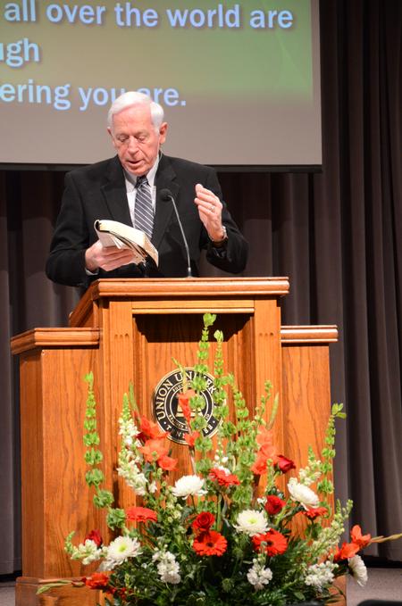 Phil Jett preaches during a special Homecoming chapel honoring the class of 1963. - Photo by Olivia Wallace