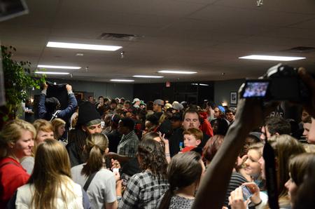 The lobby outside the chapel is filled with students and guests waiting to take pictures and talk with performers Bone Hampton, Propaganda, and Dee-1 after the  Homecoming concert. - Photo by Anne Richoux