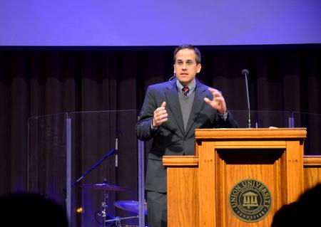 Jason Duesing, vice president for strategic initiatives and assistant professor of historical theology at southwestern baptist theological seminary, speaks on Romans 15 and the art of being an ambitious evangelical. - Photo by Olivia Wallace