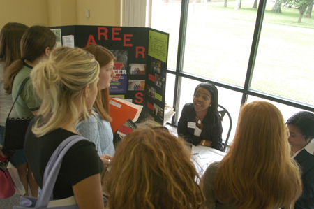 Assistant Director of Career Services Renee Jones talks to students about the services her office offers during The Spring Thing Weekend. - Photo by Lindsay Stavish