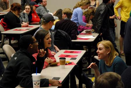 Kimberly Thornbury (right), vice president for student services, talks with students prior to Student Senate in Harvey Auditorium.  - Photo by Anne Richoux