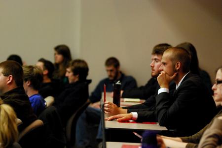 Students gather to hear an update from David S. Dockery, president of the university, during Student Senate in Harvey Auditorium.  - Photo by Anne Richoux