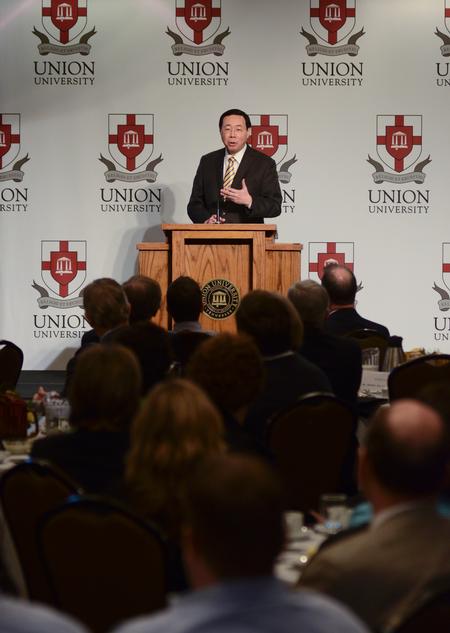 Wai Kwong Seck, executive vice president for State Street Global Marketing, speaks during the Business Through The Eyes of Faith luncheon held in the Carl Grant Events Center. - Photo by Jacob Moore