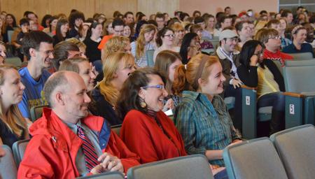 Faculty and students erupt in laughter during Ben and Lynley Mandrell's chapel presentation during the Crabtree Family Life Chapel. - Photo by Morris Abernathy