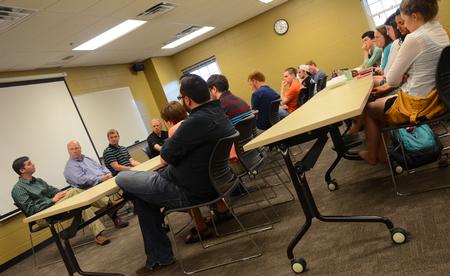 Church and convention ministry scholarship students listen to four pastors discuss the topic of ministry and family in the Bowld Student Commons. - Photo by Olivia Wallace
