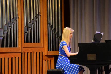 Helen Rowley, senior music major, plays the piano as she helps to lead music during chapel. - Photo by Olivia Wallace