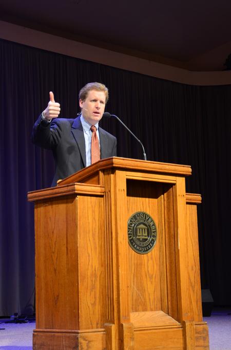 Andy Davis, senior pastor at First Baptist Church in Durham, North Carolina, speaks on Hebrews 7 in chapel. Davis is also a plenary speaker for the Read, Pray, Sing conference. - Photo by Olivia Wallace