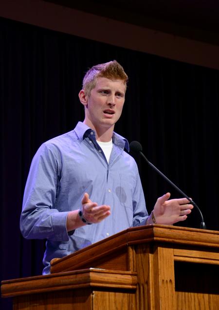 Christian Winter, freshman sports management major, talks during chapel about his experience on the Memphis GO Trip. - Photo by Jacob Moore