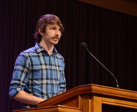 Hunter Hawes, sophomore Christian studies major, shares during chapel about the opportunities he and his team had while on the Boston GO Trip. - Photo by Jacob Moore