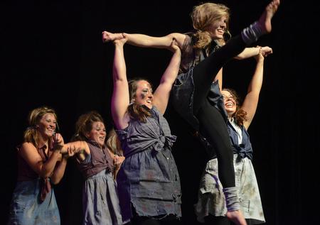 Members of Chi Omega play orphans in an adaptation of "Annie" during the 16th annual Variety Show held at the Carl Perkins Civic Center. - Photo by Jacob Moore