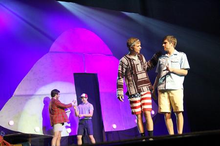 Grant Braden, senior broadcast journalism major, plays Scooter, who is the friend who planned the elaborate birthday performance for his friend, Petey, played by Joey Davis, junior marketing major, during the Lambda Chi Alpha performance at the 16th annual Variety Show. - Photo by Matt McDaniel