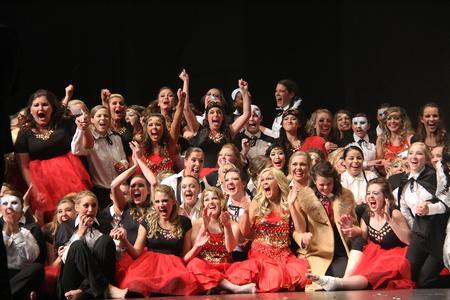 The members of Zeta Tau Alpha celebrate winning the overall best performance in the 16th annual Variety Show at the Carl Perkins Civic Center. - Photo by Matt McDaniel