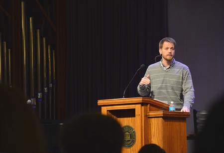 David Carothers, assistant director of student mobilization in the office of spiritual life, speaks in chapel. - Photo by Olivia Wallace