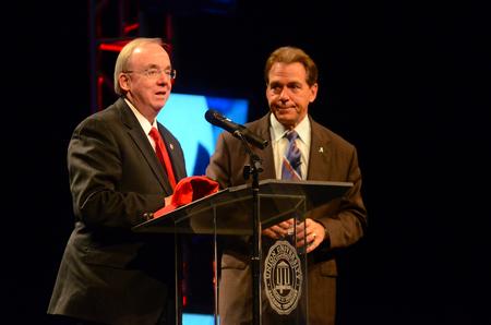 David S. Dockery, president of the university, thanks Nick Saban, head football coach for the University of Alabama, for his excellent speech at the Roy L. White Legacy Golf and Gala.  - Photo by Matt McDaniel