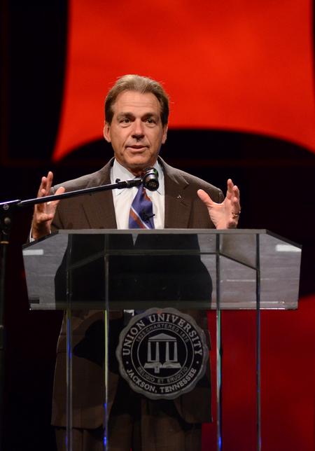 Nick Saban, head football coach at the University of Alabama, speaks at the fifth annual Roy L. White Legacy Golf and Gala held in the Carl Perkins Civic Center. - Photo by Jacob Moore