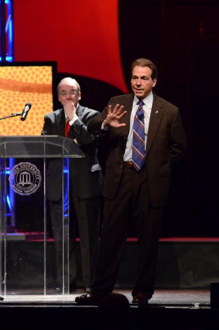 Nick Saban, head football coach at the University of Alabama, answers a question posed by David Dockery, university president, during the fifth annual Roy L. White Legacy Golf and Gala. - Photo by Jacob Moore