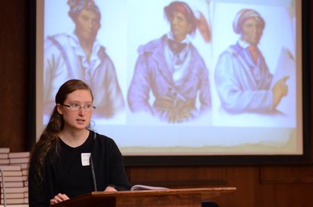 Patricia Dawson, senior history major, presents on "The Weapon of Dress: Identity, Acculturation and the Transition of Cherokee Clothing, 1794-1838" during the 10th annual Scholarship Symposium. - Photo by Jacob Moore