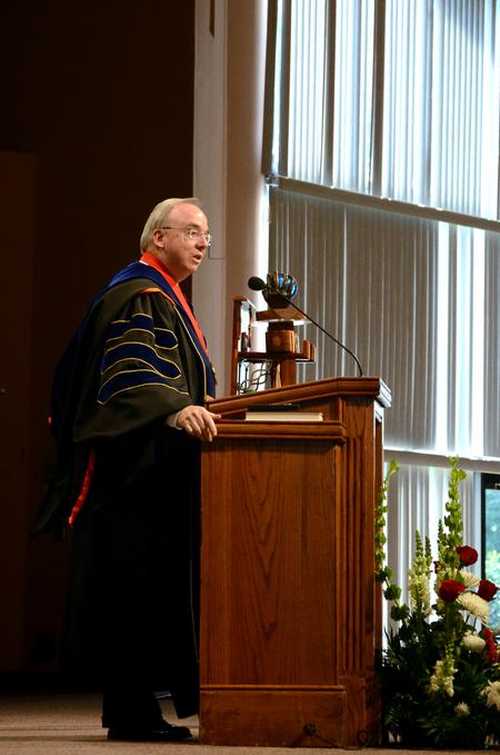 David S. Dockery, president of the university, delivers the Fall Convocation address, “From Faith to Faith:  Revisiting the Great Cloud of Witnesses.” - Photo by Anne Richoux