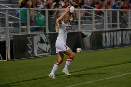 Lady Bulldog Morgan Ballek throws the ball back into play in the opening exhibition game against Rhodes College. - Photo by Amanda Rohde